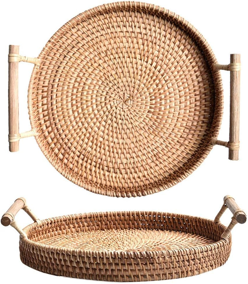 Woven Serving Tray, Rattan round Tray, Wicker Serving Basket with Wooden Handles (12.6 Inch / 32Cm)