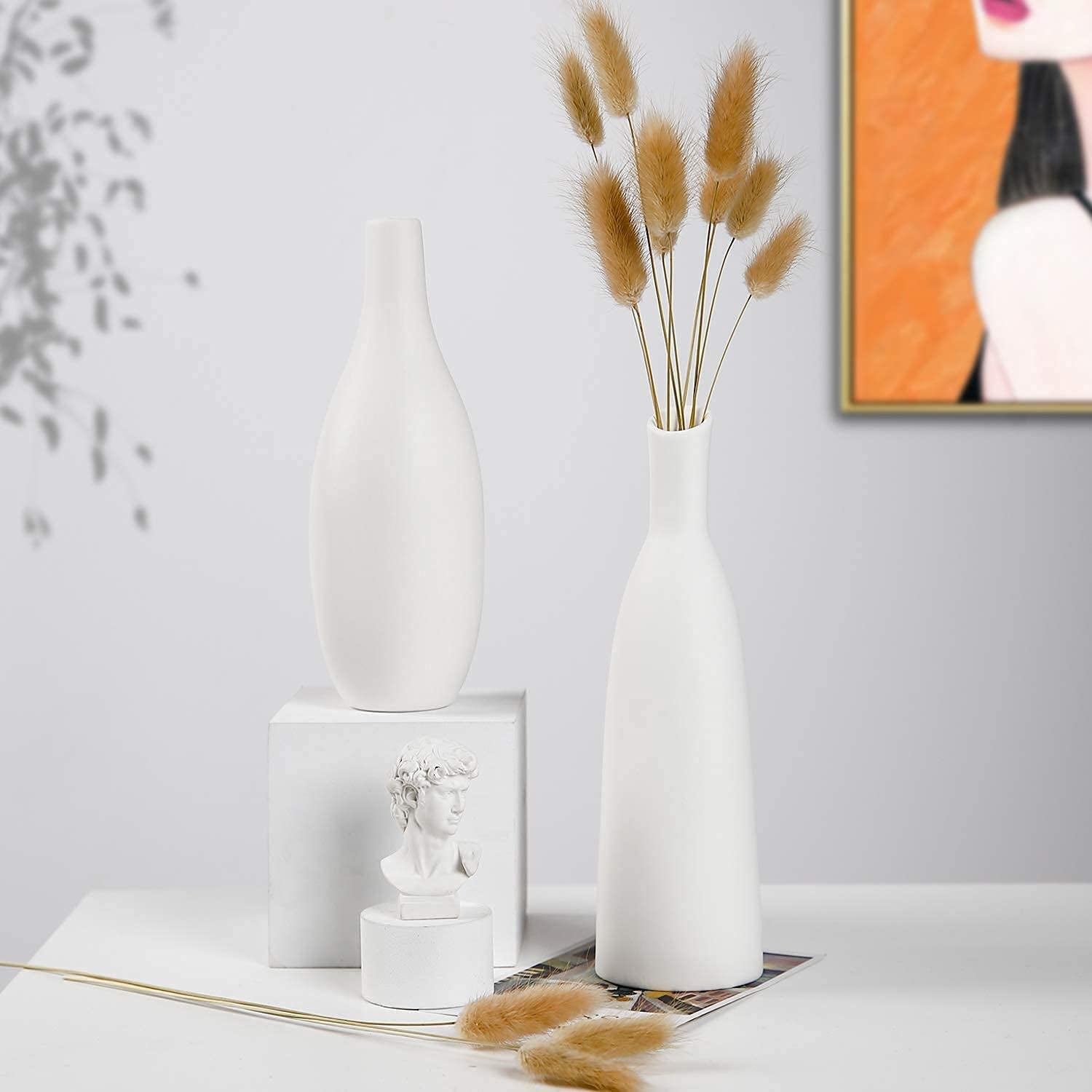 Ceramic Vase Set of 2, Small Flower Vases, White Frosted Matte Surface Vases for Rustic Home Decor