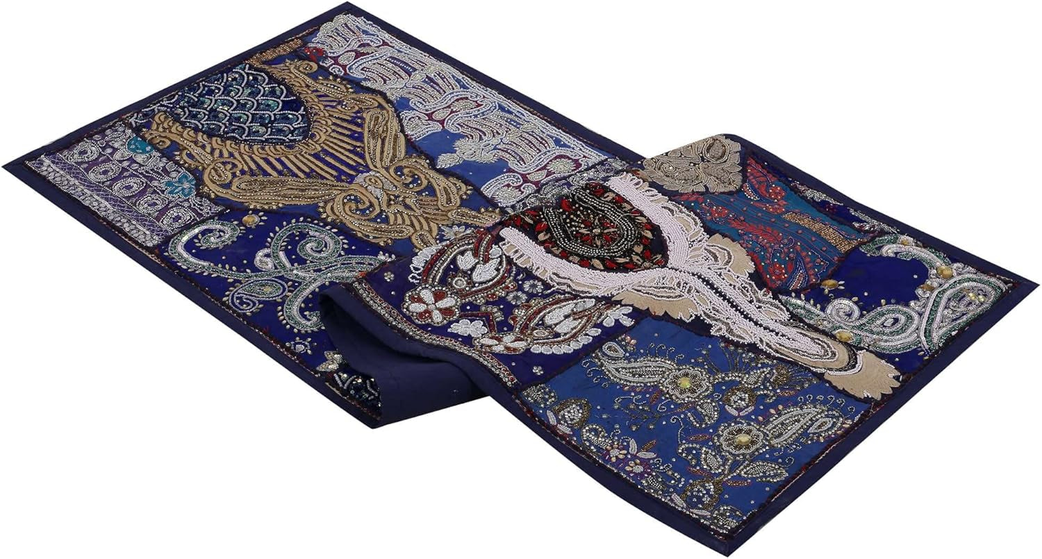 Linen Indian Table Runner 20" W X 80" L, Ethnic 100% Cotton Embroidered Handcrafted Mirror Art Long Patchwork Dining Indian Table Cloth (Blue)