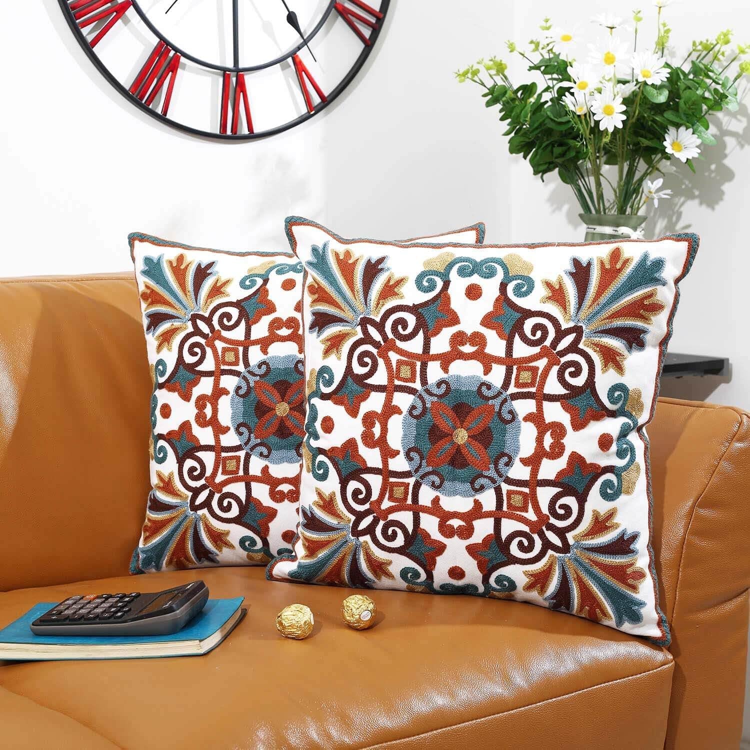 Decorative Couch Pillow Covers for Living Room 18X18 Inches Set of 2 Embroidered Pattern Square Throw Pillows Case Cover for Sofa Bed Chair
