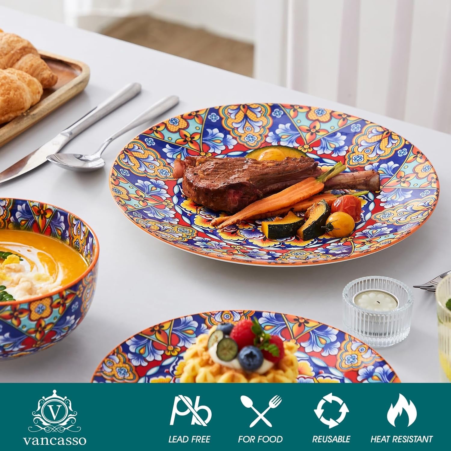 12 Pieces Dinnerware Sets, Orange Plates and Bowls Set, Porcelain Dishes Set for 4, Microwave and Dishwasher Safe, Scratch Resistant, Bohemian Style Dining Ware Service for 4, Series SIMI