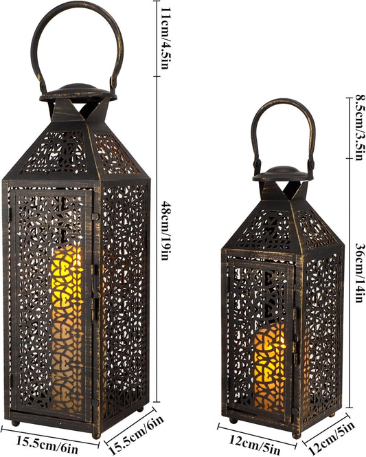 Stylish Set of 2 Vintage Moroccan Metal Candle Lanterns - 19" & 14" Decorative Holders for Garden, Porch, Indoor/Outdoor Parties, Weddings (Black Brushed Gold)