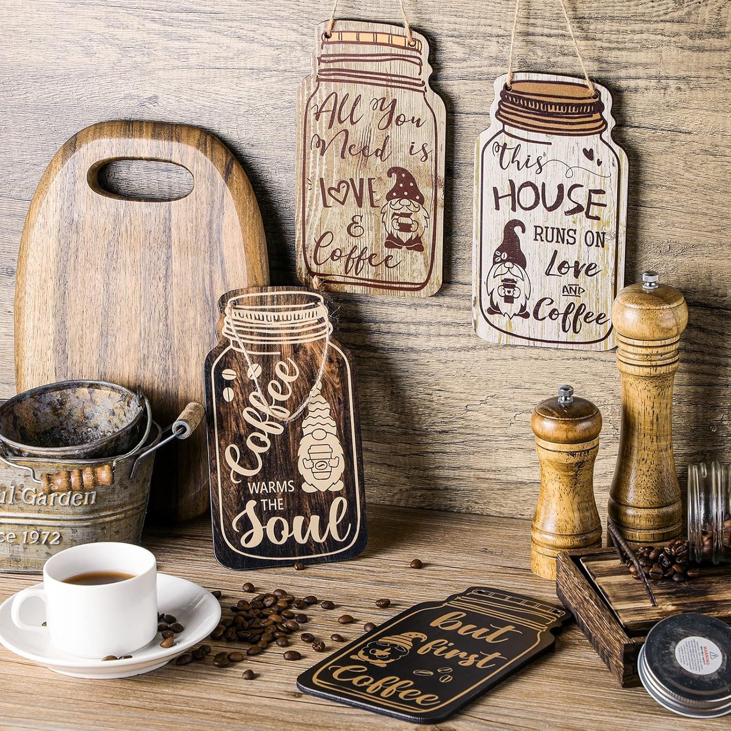 4 Pieces Coffee Bar Sign Wall Decor Farmhouse Wood Gnomes Coffee Sign Wall Hanging Plaque but First Coffee Table Plaque for Cafes Supplies