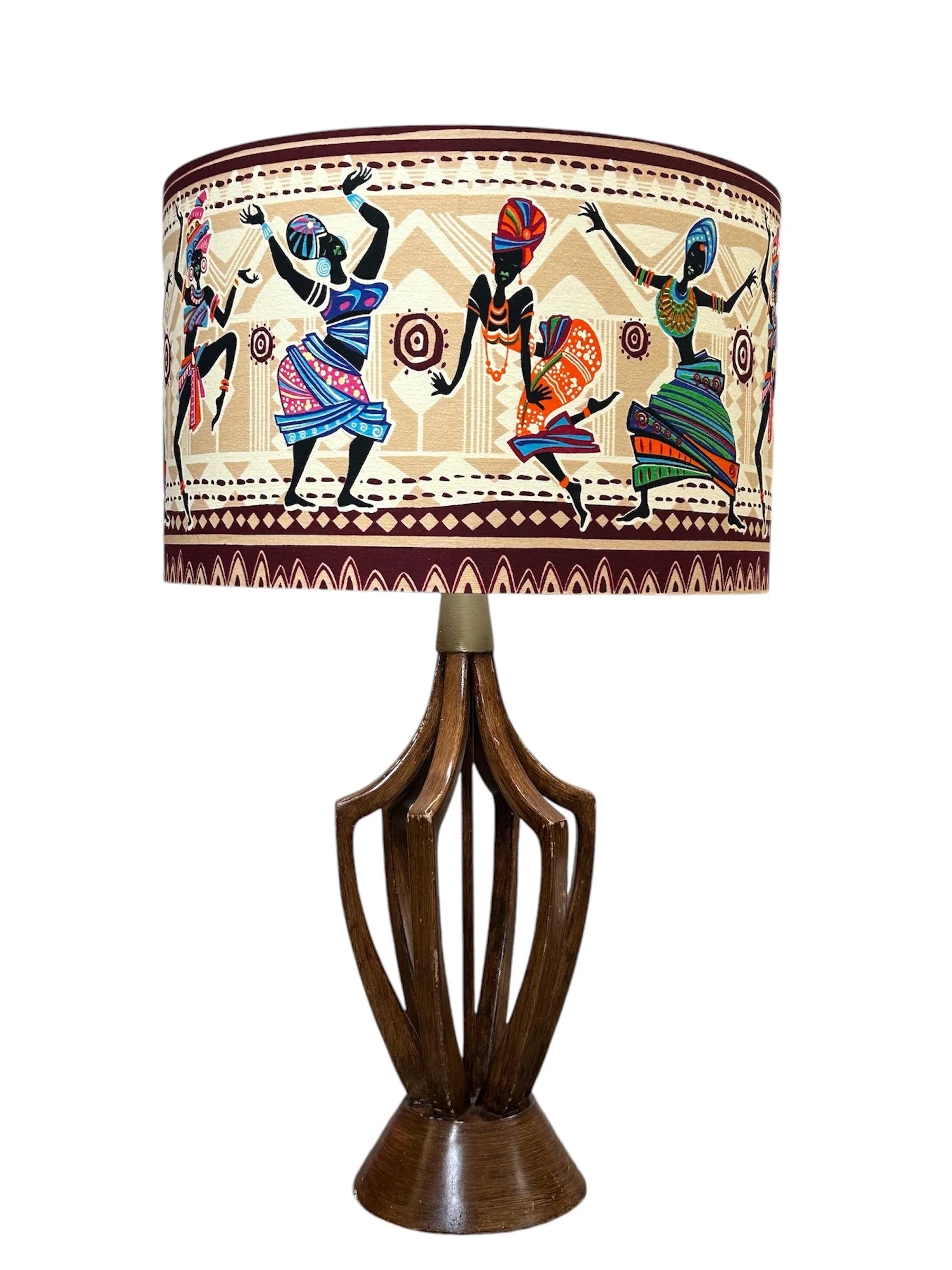 Large African Print Drum Lampshade, Custom Made to Order Lampshade, Tribal Print Lampshade, Dancing Women Print Lampshade, Bedside Lamp