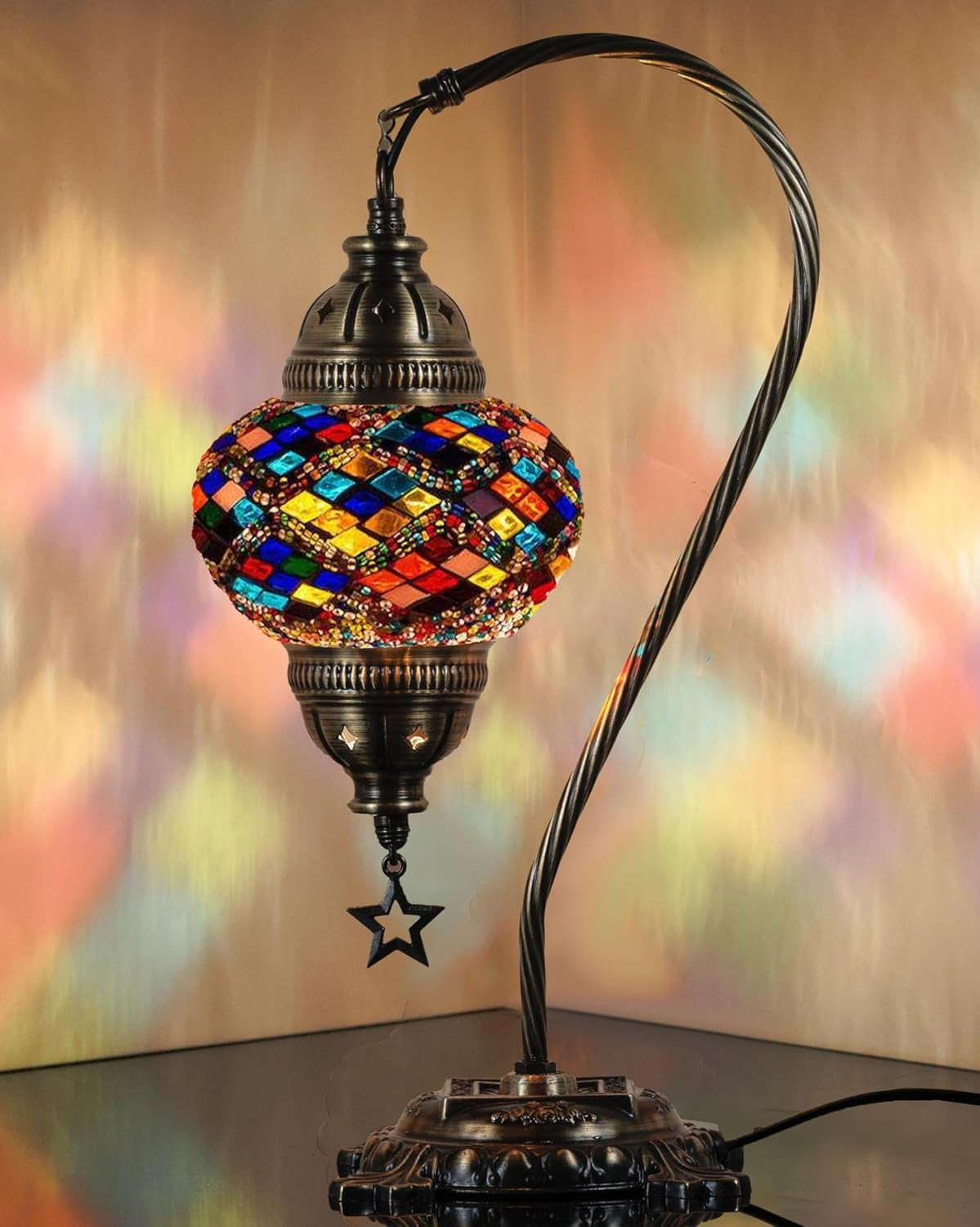 Handmade Turkish Mosaic Table Lamp - Boho Chic Bedside Light in Antique Brass Finish, 15" H, Multicolor Accent for Bedroom & Living Room