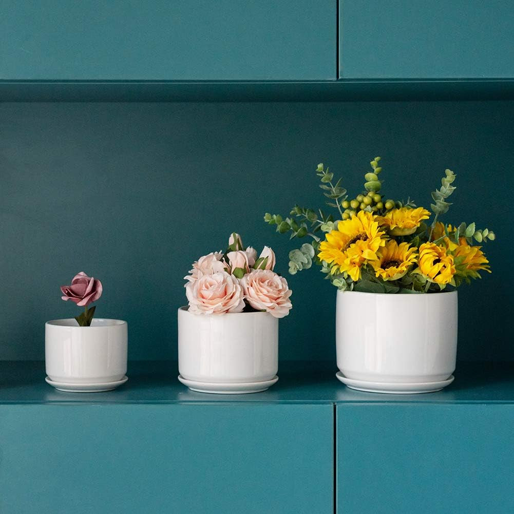 4+5+6 Inch Glazed Plant Pots with Connected Saucers, round Modern Ceramic Flower Pots - Small to Large Size for All House Plants, Flowers and Succulent, Set of 3 (White)