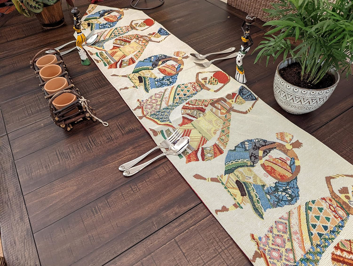 Elegant Tapestry Table Runner - Dancing Women Festive Celebrate Kwanzaa African Ethnic Culture - Multi-Colorful Cotton Linen Woven Kitchen Dining Mats - 13" X 54"