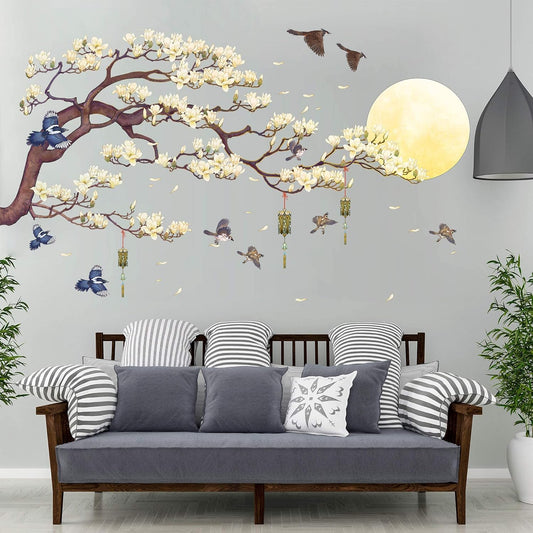 RW-1005 White Magnolia Tree Branch Flying Birds Wall Stickers Peel and Stick 3D DIY Moon Wall Decals Removable Wind Chimes Art Wall Murals for Kids Offices Home Walls Bedroom Decaoration