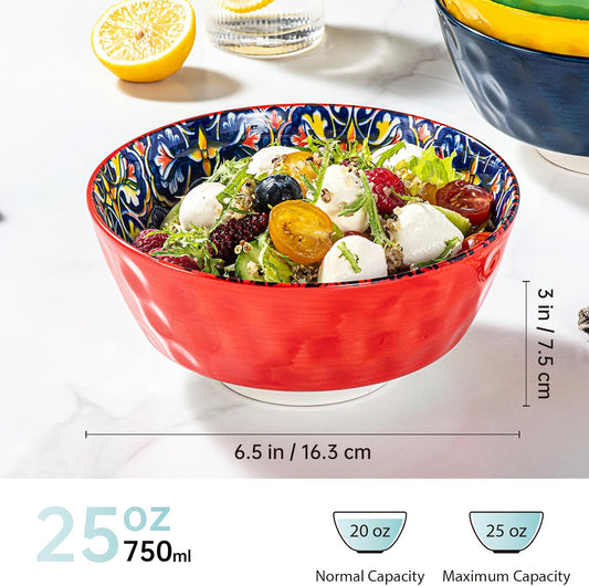 Ceramic Cereal, Soup Bowls Set of 6-25 Oz Porcelain Serving Bowls for Dinner, Pasta, Salad, Oatmeal, Microwave & Dishware Safe - Bohemian Style