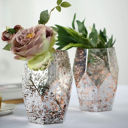 2 Pack 8" Pentagon Geometric Vases Mercury Glass Candle Holders - Silver | Rose Gold