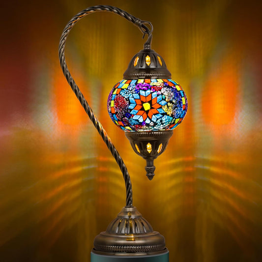 Turkish Lamp Moroccan Lamp Mosaic Glass Table Lamp, Handmade Turkish Mosaic Light with Swan Neck Bronze Base Including LED Bulb for Living Room Bedroom Decor (Mosaic Colorful)