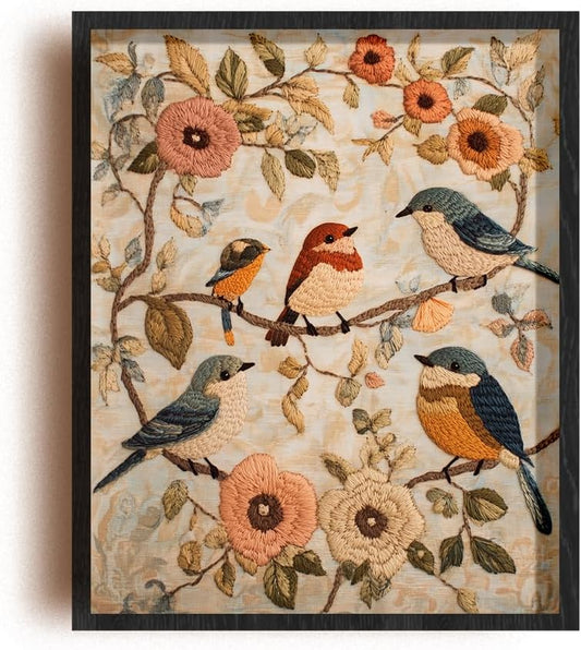(Unframed) (12X16 Inch) Satin Wall Art Print of Vintage Embroidery of Birds and Flowers - Eco-Friendly Poster, Custom Decor for Home, Office, Bedroom, Bath Room, Living Room, Dining Room, Made in USA