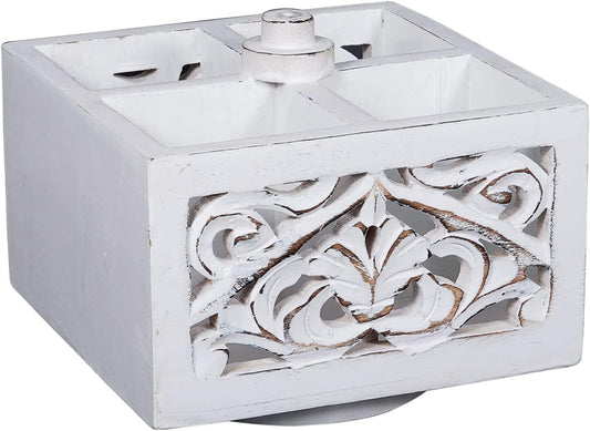 Spinning Wooden Pen Holder - Ellora, Shabby White | Pencil Cups for Desktop Organization | Rustic Farmhouse Decor | Elegant Office Desk Accessories | 4 Storage Compartments