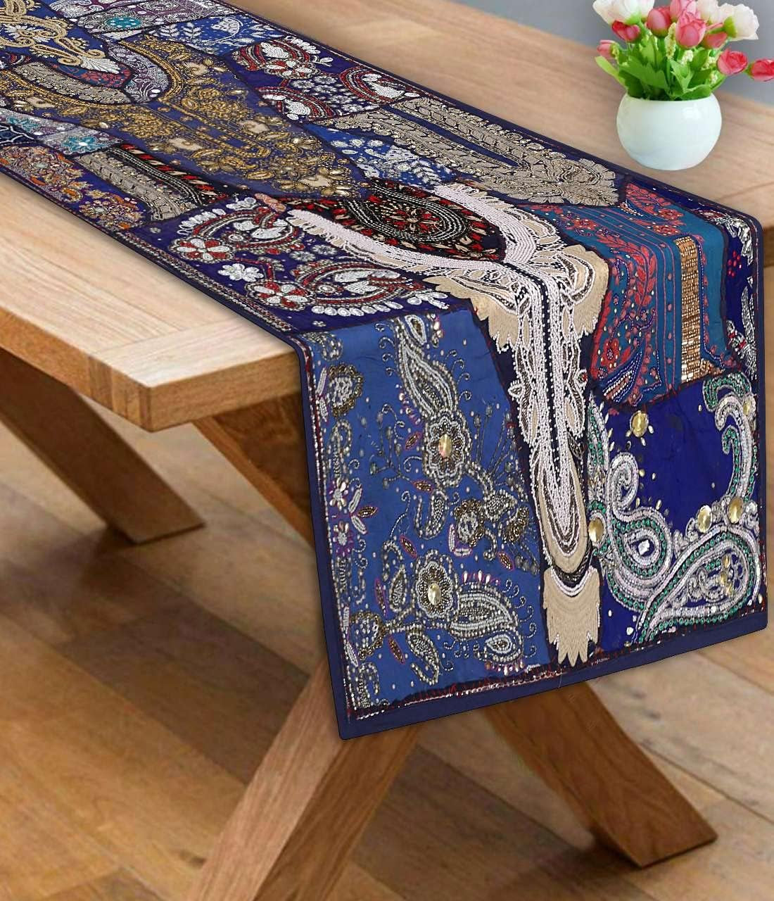 Linen Indian Table Runner 20" W X 80" L, Ethnic 100% Cotton Embroidered Handcrafted Mirror Art Long Patchwork Dining Indian Table Cloth (Blue)