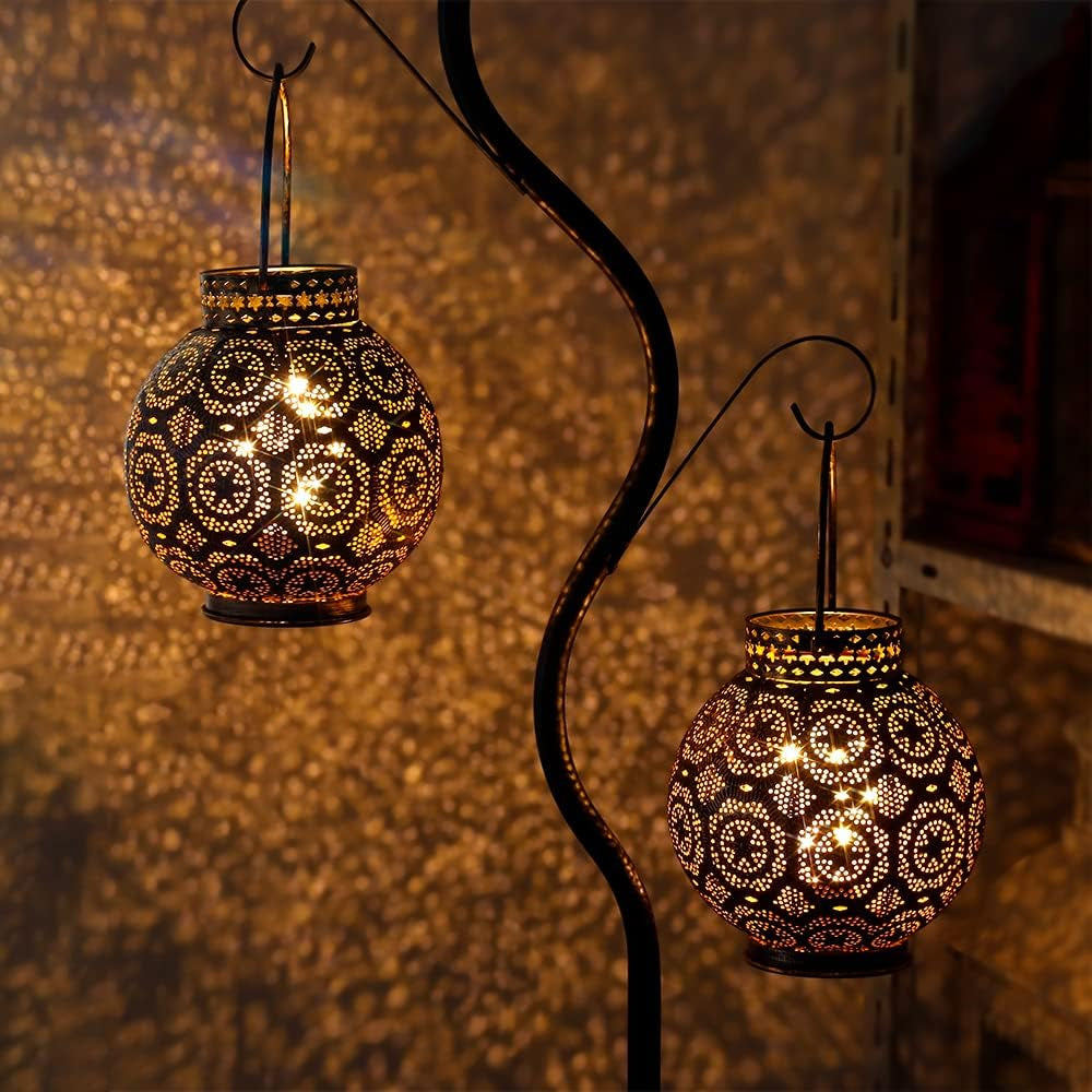 Set of 2 Moroccan Decorative Lamps 7'' High Battery Powered Cordless Lamp Metal Table Lamps with Fairy Lights Bulb for Home Living Room Garden Yard Party Events Tabletop Indoor Outdoor(Brown)