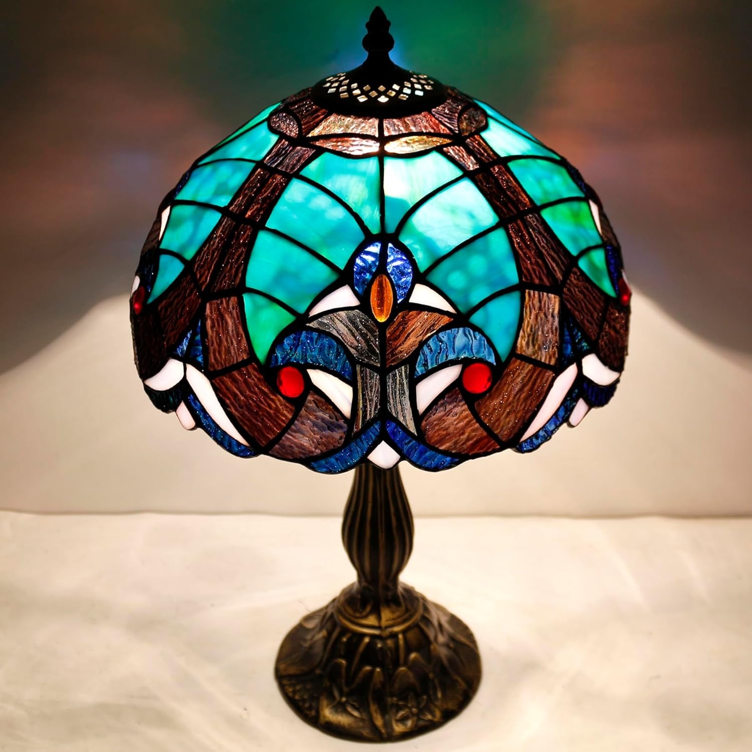 Tiffany Style Lamp Green Liaison Stained Glass Bedside Table Lamp Reading Desk Light 12X12X18 Inches Decor Nightstand Bedroom Living Room Home Office S160G Series
