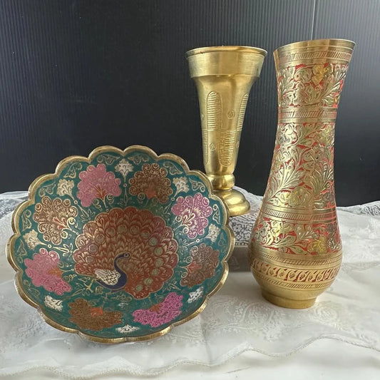 Choice of Vintage Brass Decor, Etched Brass Vase with Ornate Details, Painted Floral Peacock Bowl, Brass Made in India, Boho and Eclectic