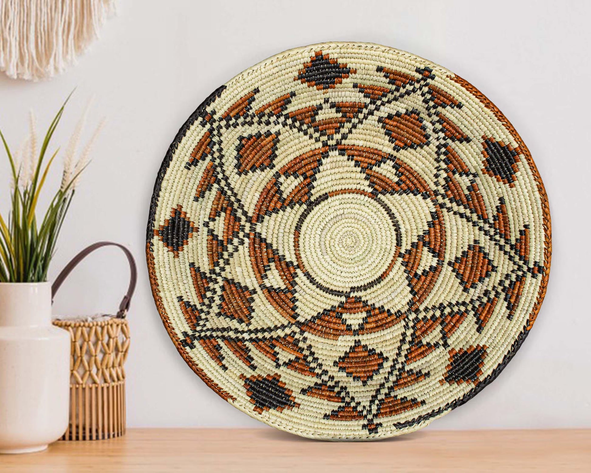 Handwoven Mureedni Wall Basket - 14” Southwestern Inspired Basket, Boho Wall Decor, Basket Wall Decor, African Wall Hanging Basket