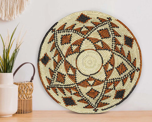 Handwoven Mureedni Wall Basket - 14” Southwestern Inspired Basket, Boho Wall Decor, Basket Wall Decor, African Wall Hanging Basket