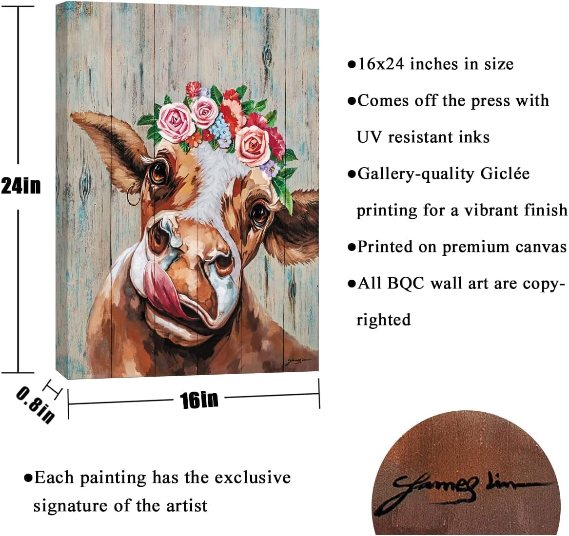 Large Cow Pictures Wall Decor Farmhouse Cute Cow Painting Canvas Wall Art Rustic Country Cow Print Home Picture Decor for Bathroom Kitchen Bedroom 16" X 24"