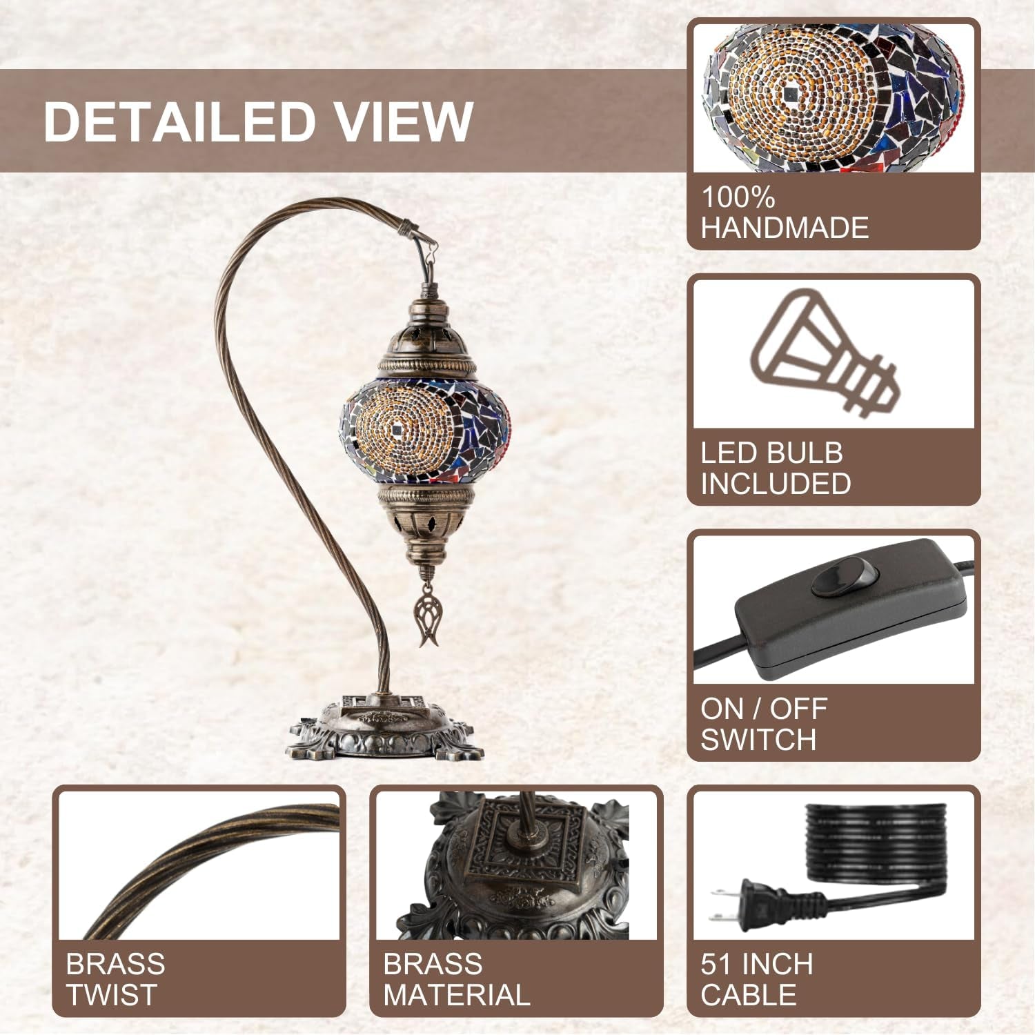 Handmade Turkish Moroccan Mosaic Lamp – Stunning Glass Swan Neck Design with Antique Brass Base, Perfect for Bedroom, Office, and Living Room – Includes Bulb (Red & Navy Central Circles)