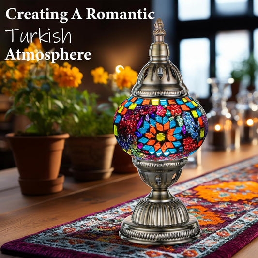 Stunning Handmade Turkish Mosaic Table Lamp with Bronze Base – Colorful Tiffany Style Night Stand Light Fixture with LED Bulb for Living Room & Bedroom Decor