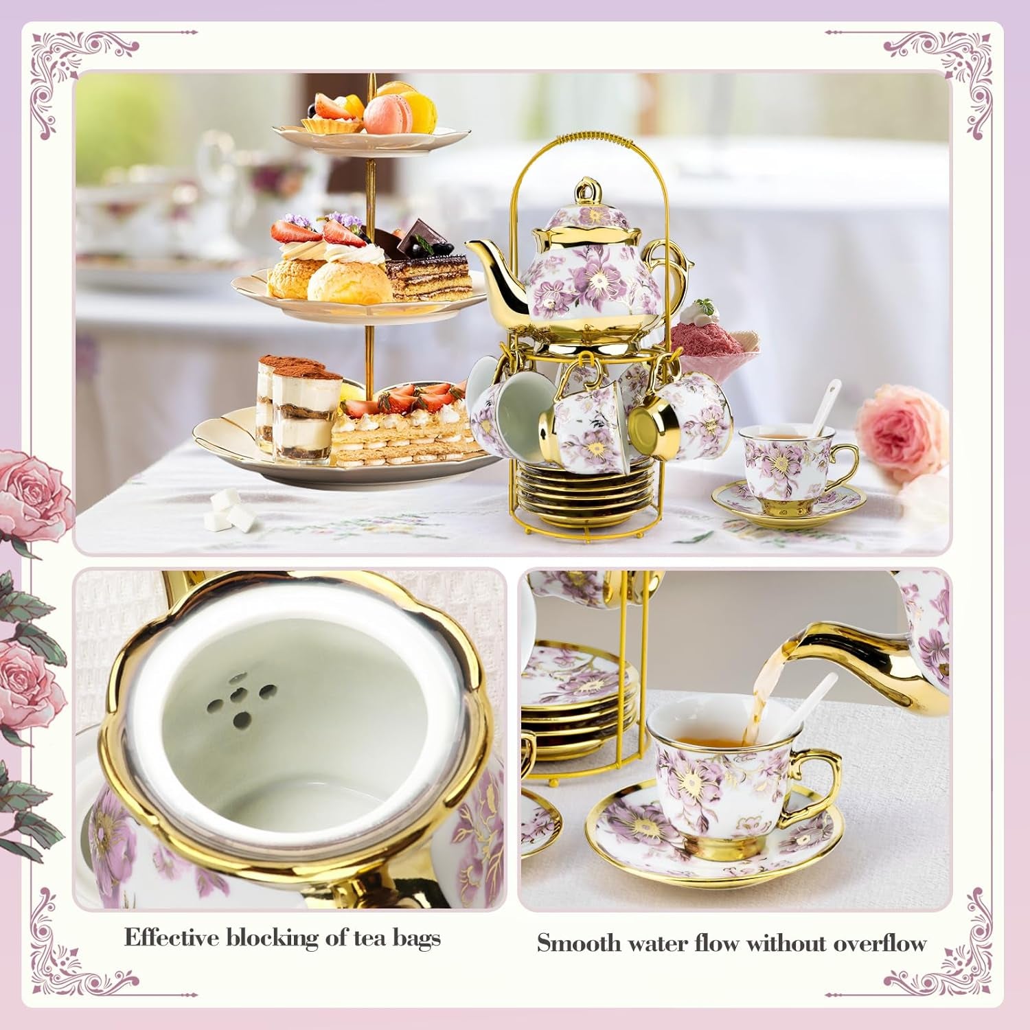 20 Pcs Porcelain Tea Set with Metal Holder, European Ceramic Tea Set for Adults, Adult Tea Set Gift, Flower Tea Cup Saucer Set for Party with Gold Flower Painting (Elegant Purple)