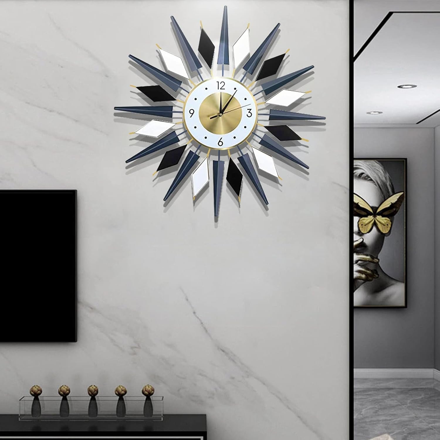 Large 23.6 INCH Metal Starburst Wall Clock,Non-Ticking Silent Quartz Mid-Century Satellite Large Wall Clocks, Big Wall Clocks for Living Room Kitchen Office Decor…