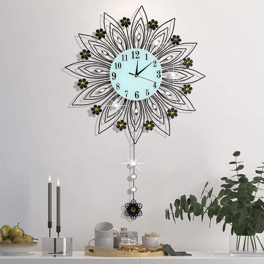 Large Pendulum Wall Clock,Non-Ticking Silent Quartz Metal Wall Clocks,Flower Fancy Wall Clocks for Living Room Decor