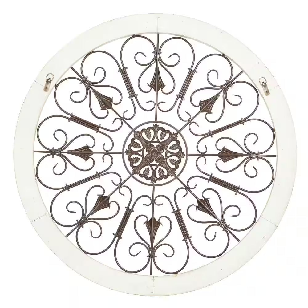 36 In. X 36 In. Wood White Window Inspired Scroll Wall Decor with Metal Scrollwork Relief