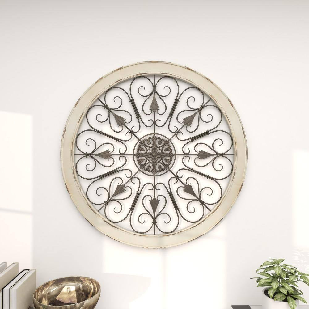36 In. X 36 In. Wood White Window Inspired Scroll Wall Decor with Metal Scrollwork Relief