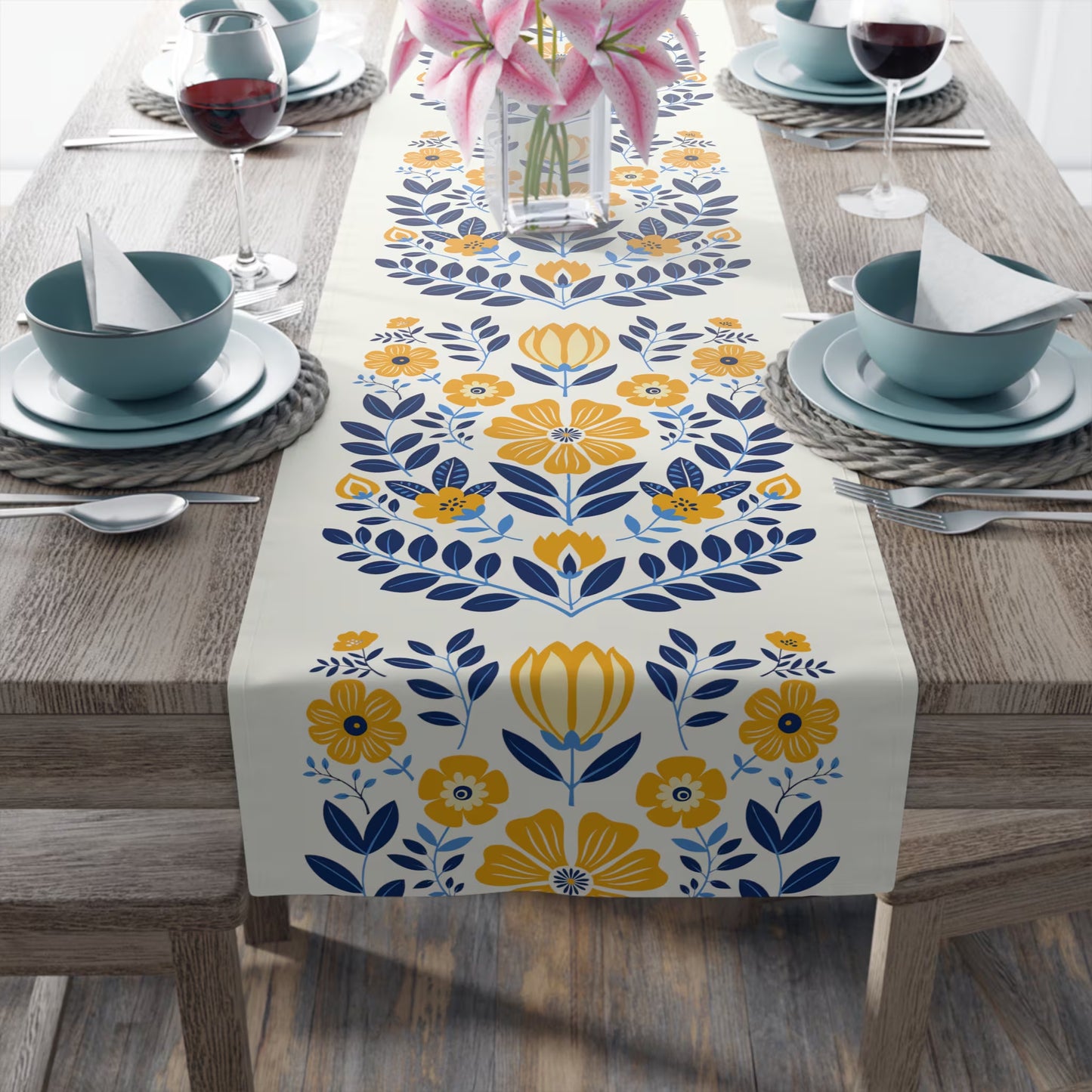 Scandinavian Flower Table Runner, Nordic Folk Art Home Decor, Scandi Housewarming Gift, Farmhouse Floral Gift, Botanical Table Centerpiece