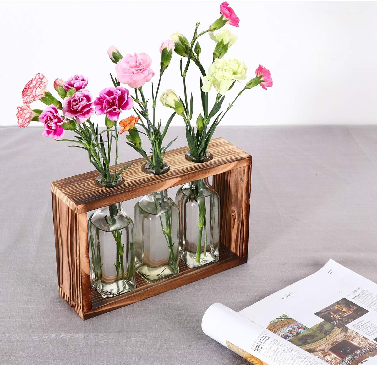 Ivolador Plants Terrarium Bud Pots in Wooden Rack | Rustic, Vintage Home Decor | Windowsill Accessory, Wedding, Kitchen, Dining Table Centerpiece (3 Bottle)