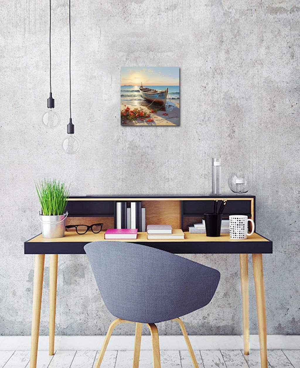 Boat Wall Art Coastal Bathroom Wall Decor Beach Framed Painting 12X12 Inch