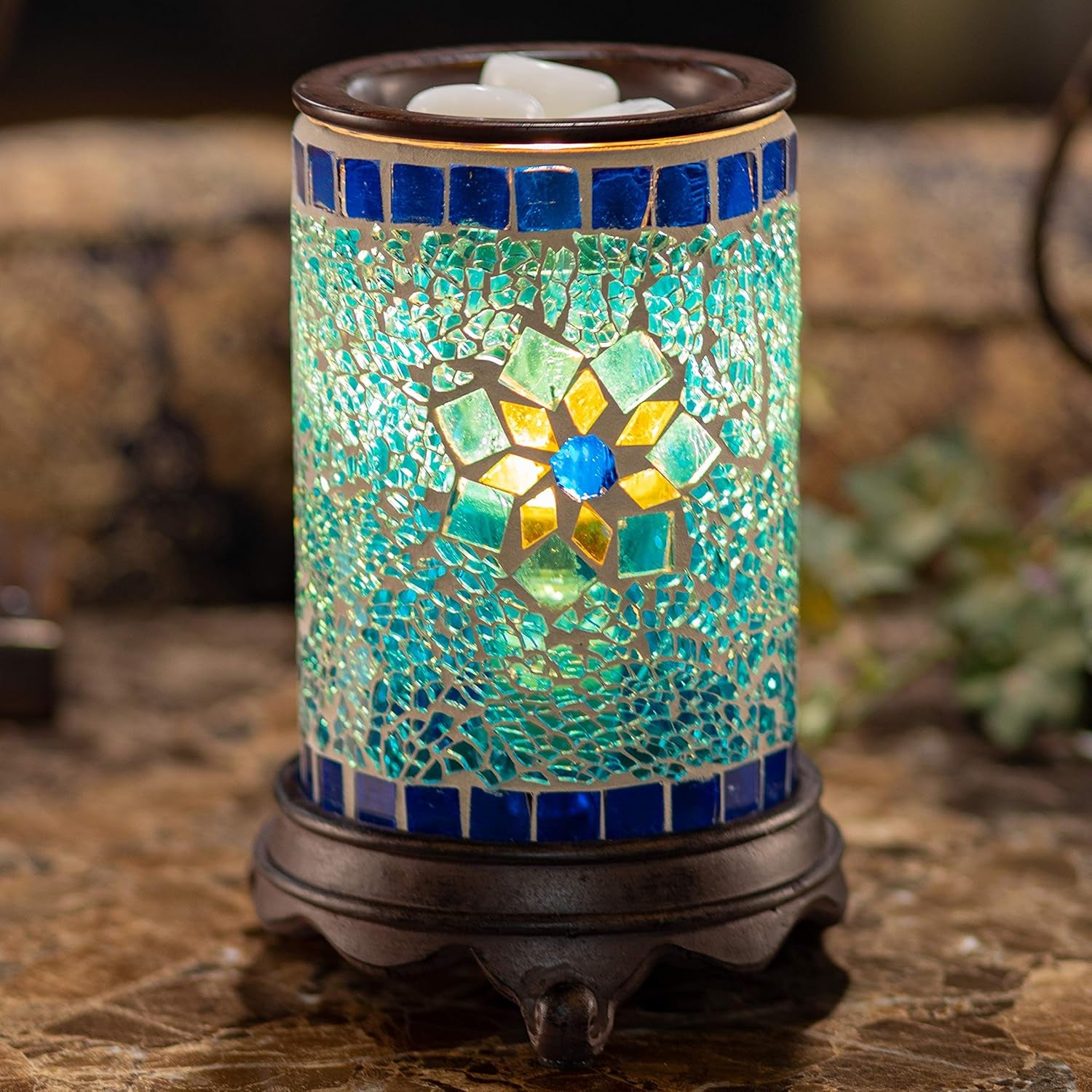 Wall Plug-In Wax Warmer for Scented Wax Mosaic Glass Sapphire and Gold Electric Home Fragrance Warmer for Essential Oils Candle Wax Melts and Tarts Scent Warmer Night Light