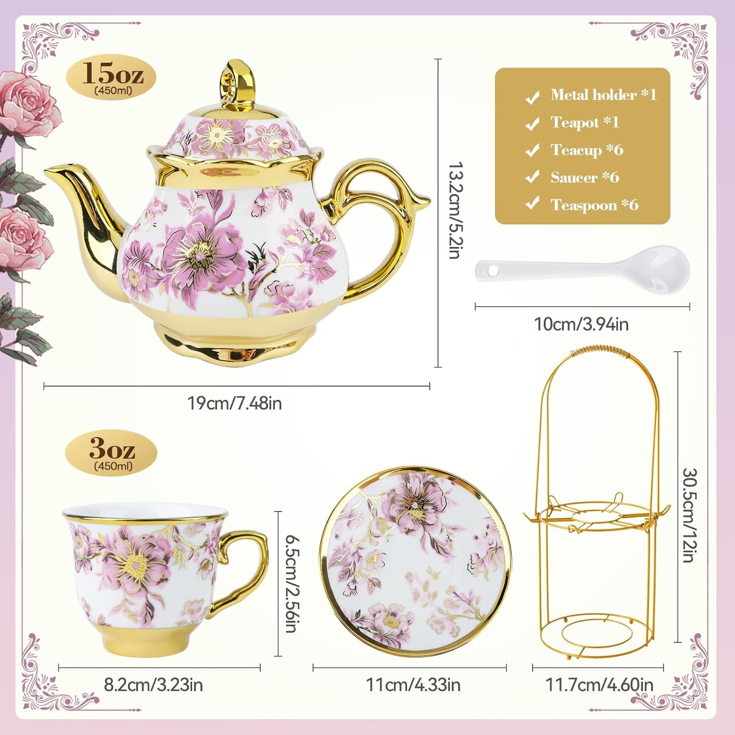 20 Pcs Porcelain Tea Set with Metal Holder, European Ceramic Tea Set for Adults, Adult Tea Set Gift, Flower Tea Cup Saucer Set for Party with Gold Flower Painting (Elegant Purple)