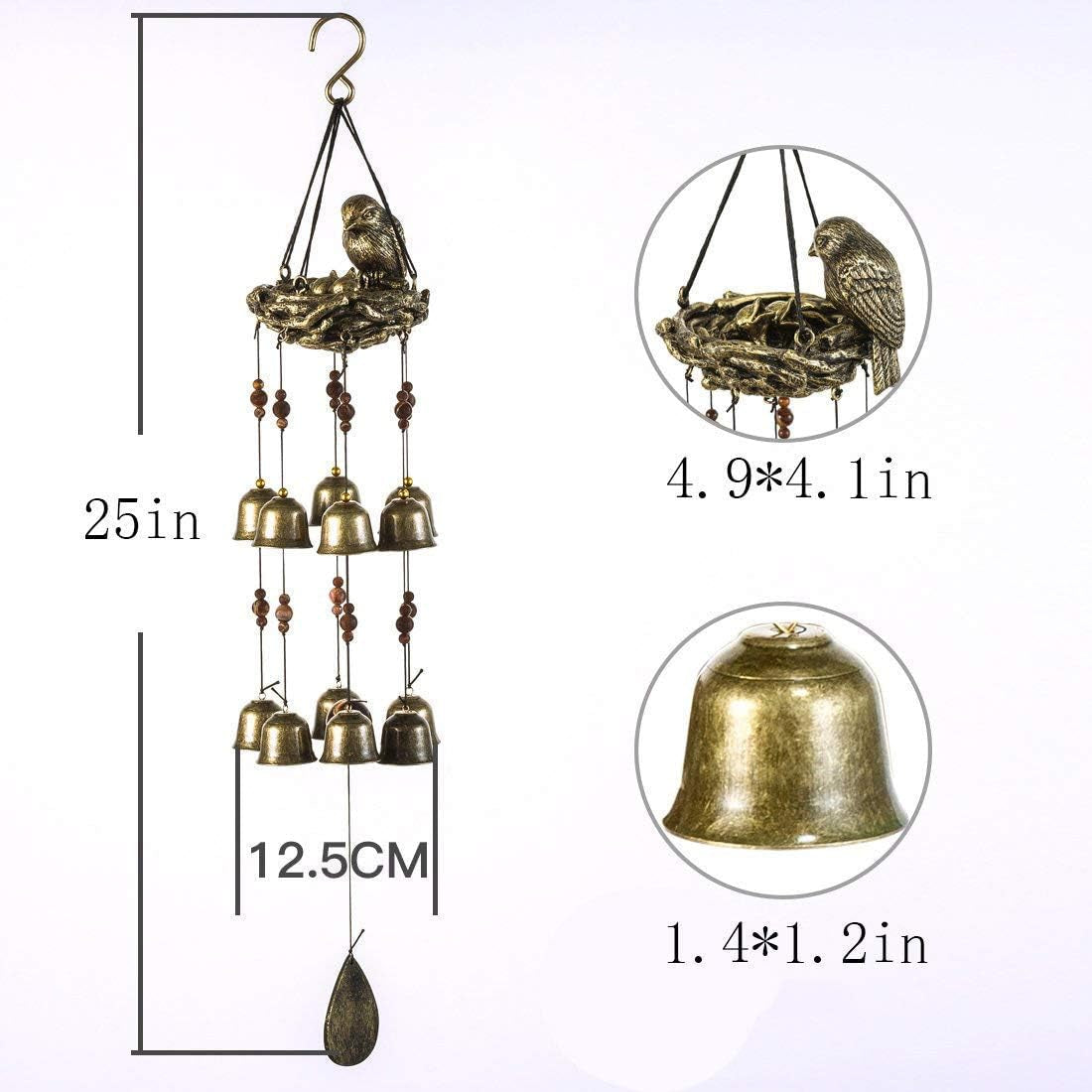 Bird Nest Wind Chime, Bird Bells Chimes with 12 Wind Bells for Glory Mother’S Love Gift, Garden Backyard Church Hanging Decor, Bronze