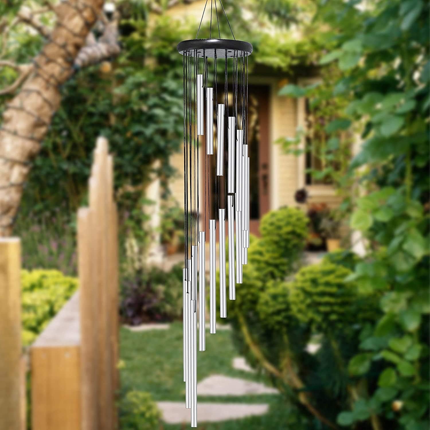Wind Chime Outdoor Large Sliver Aluminium Tube Wind Chime Solid Wood and 18 Scrub Aluminum Alloy Gold Tubes Wind Chime 36’’ Large Sliver Wind Chime for Party, Garden, Decor, Gift Etc (Silver)