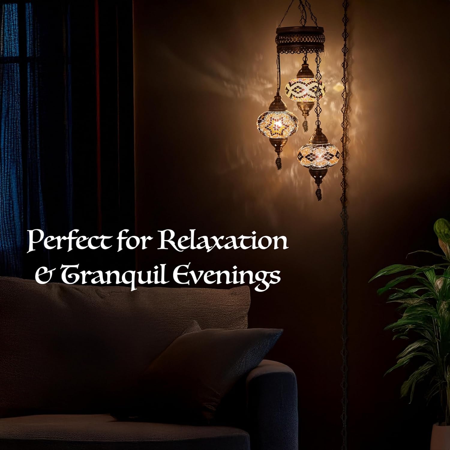 3-Large 7'' Globes Turkish Moroccan Mosaic Plug-In Chandelier - Handmade Pendant Light Fixture with 15-Ft Cord & Chain, Decorative Bohemian Hanging Ceiling Lamp for Living Room, Bedroom, 3.5 Ft