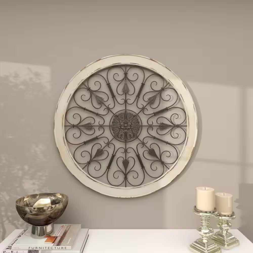 36 In. X 36 In. Wood White Window Inspired Scroll Wall Decor with Metal Scrollwork Relief