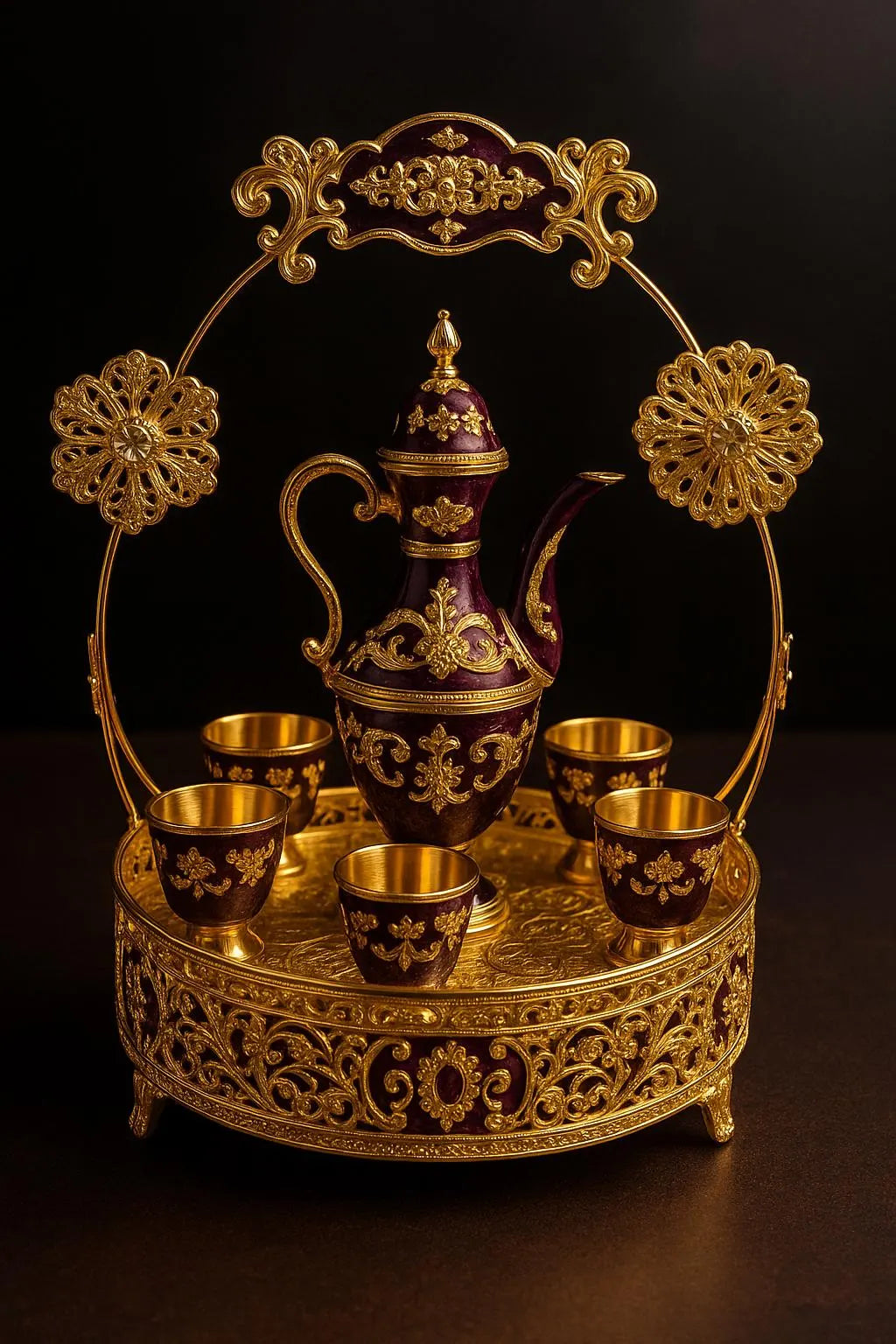 Luxury Arabian Tea Set | Gold-Plated Decorative Dallah & Cups |  Middle Eastern Decor