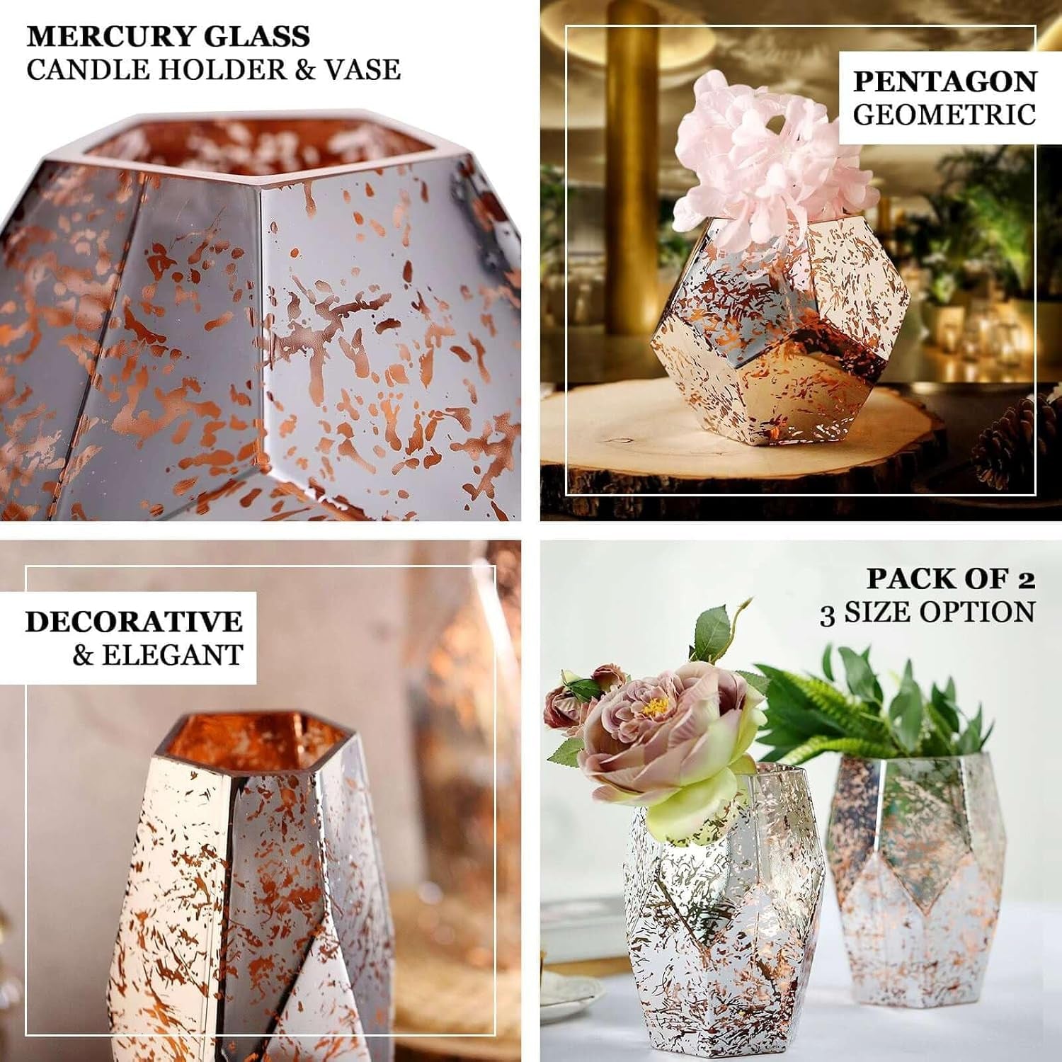2 Pack 8" Pentagon Geometric Vases Mercury Glass Candle Holders - Silver | Rose Gold