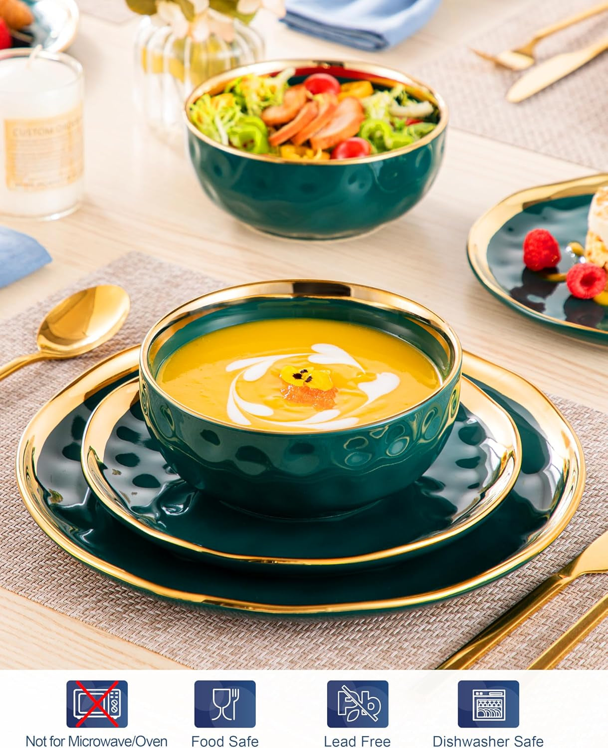 12 Pieces Plates and Bowls Sets, Porcelain Green and Gold Dinnerware Sets, round Dinner Plates Dishes Set Service for 4, Dishwasher Safe and Scratch Resistant, Green