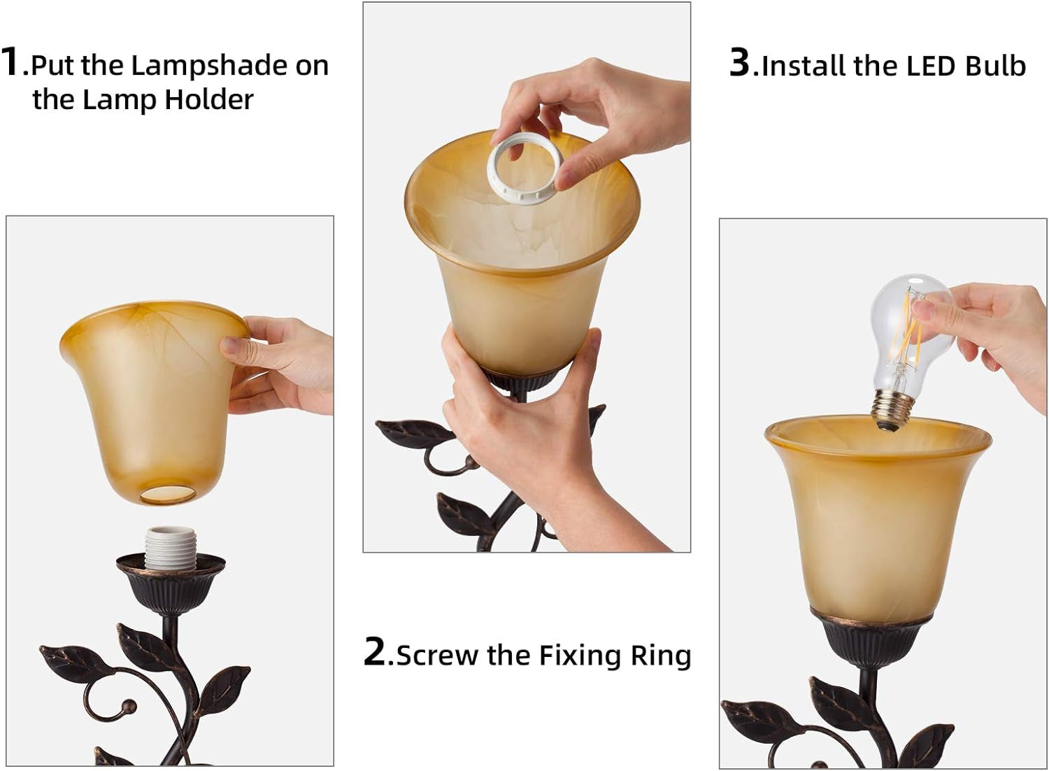 Touch Control Table Lamp with 2 USB Charging Ports, 3-Way Dimmable Bedside Nightstand Lamps, Amber Glass Shade Vintage Rural Leaf Lamp for Living Room, Bedroom, Dresser, LED Bulb Included (Bronze)