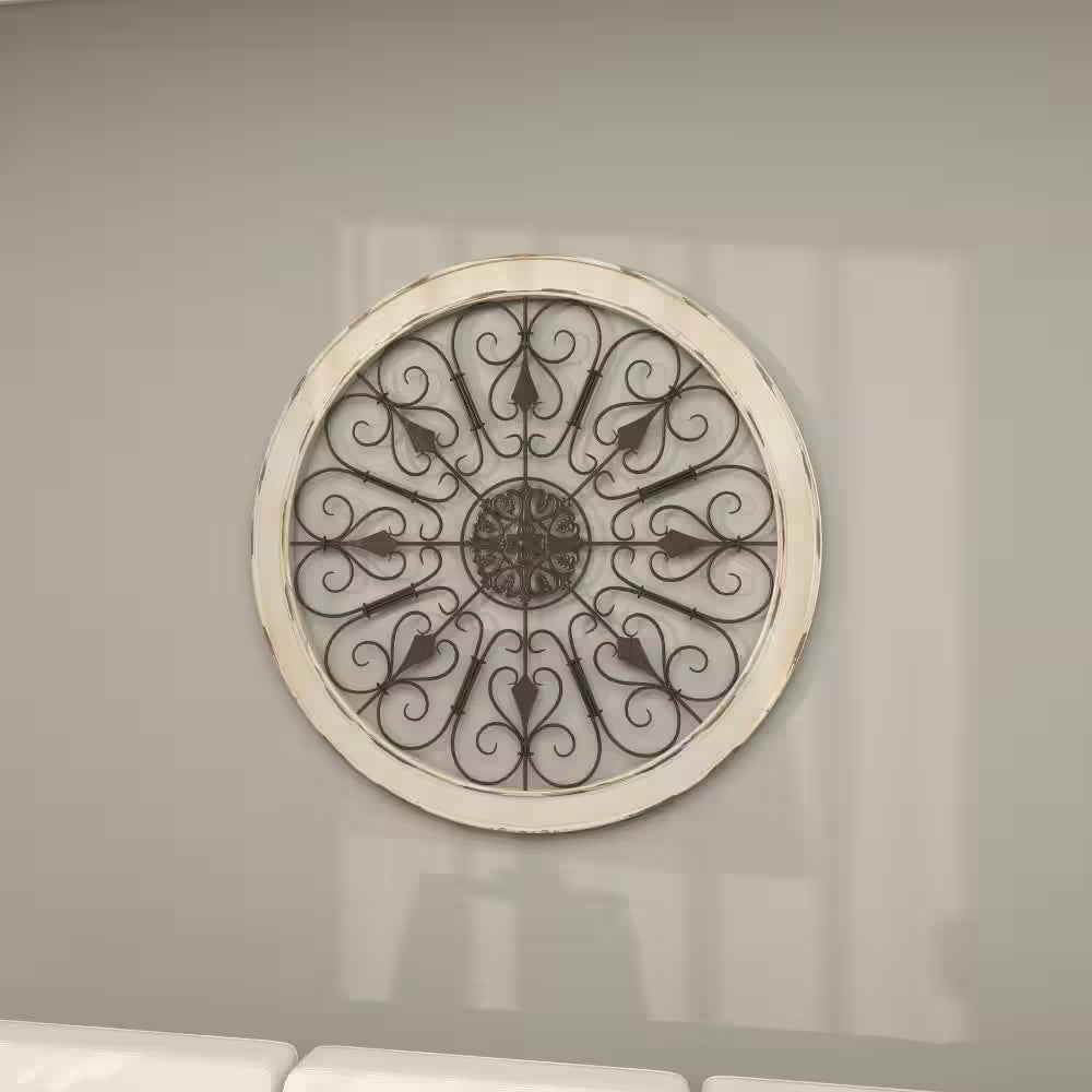 36 In. X 36 In. Wood White Window Inspired Scroll Wall Decor with Metal Scrollwork Relief