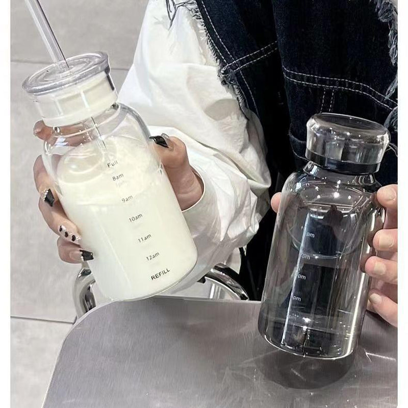 Time-Scale Borosilicate Glass Water Bottle, Two Lids & Straw, Temperature Resistant, 10Oz/15Oz/23Oz, Gray/Transparent