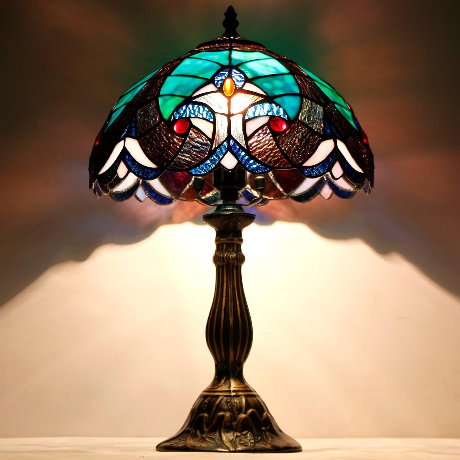 Tiffany Style Lamp Green Liaison Stained Glass Bedside Table Lamp Reading Desk Light 12X12X18 Inches Decor Nightstand Bedroom Living Room Home Office S160G Series