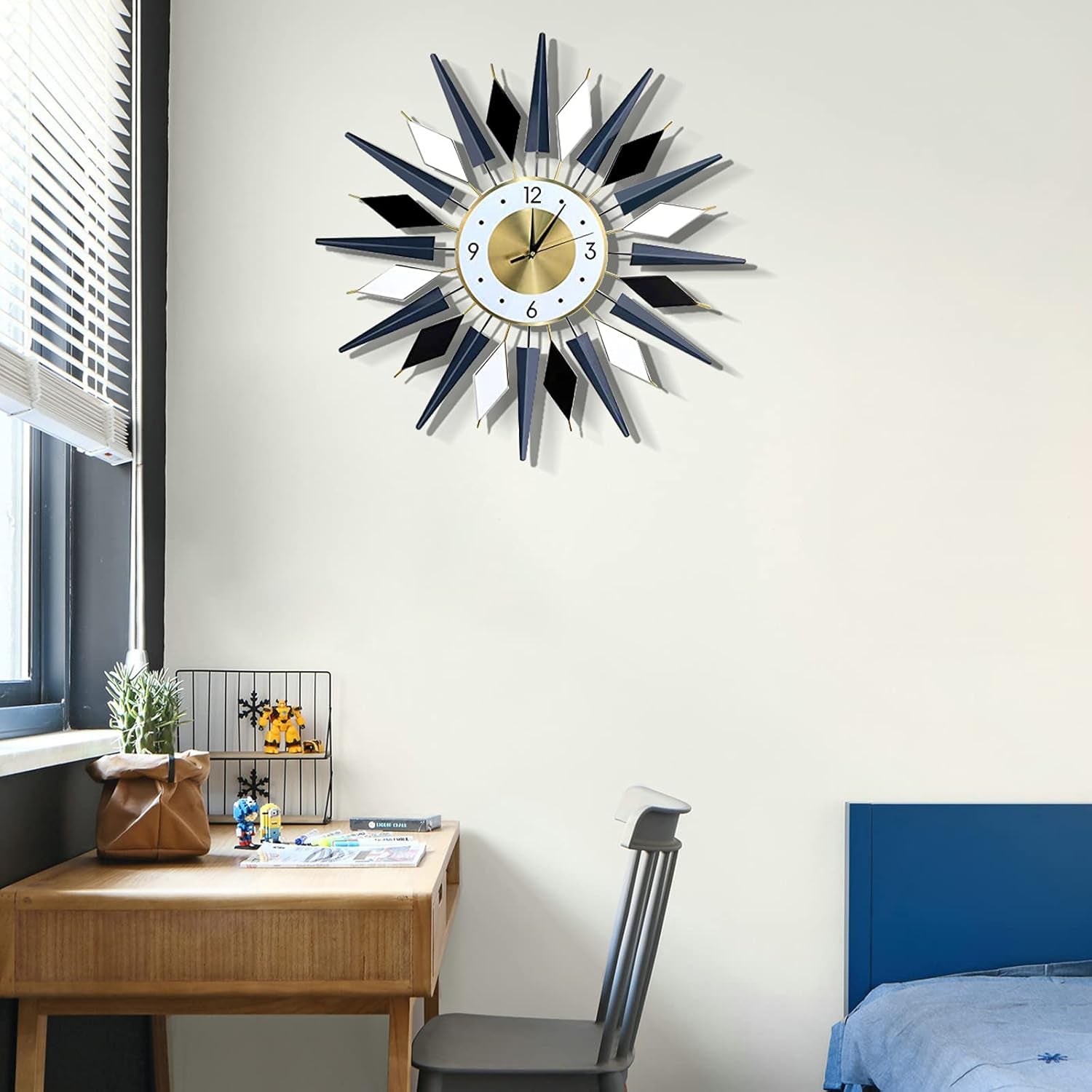 Large 23.6 INCH Metal Starburst Wall Clock,Non-Ticking Silent Quartz Mid-Century Satellite Large Wall Clocks, Big Wall Clocks for Living Room Kitchen Office Decor…