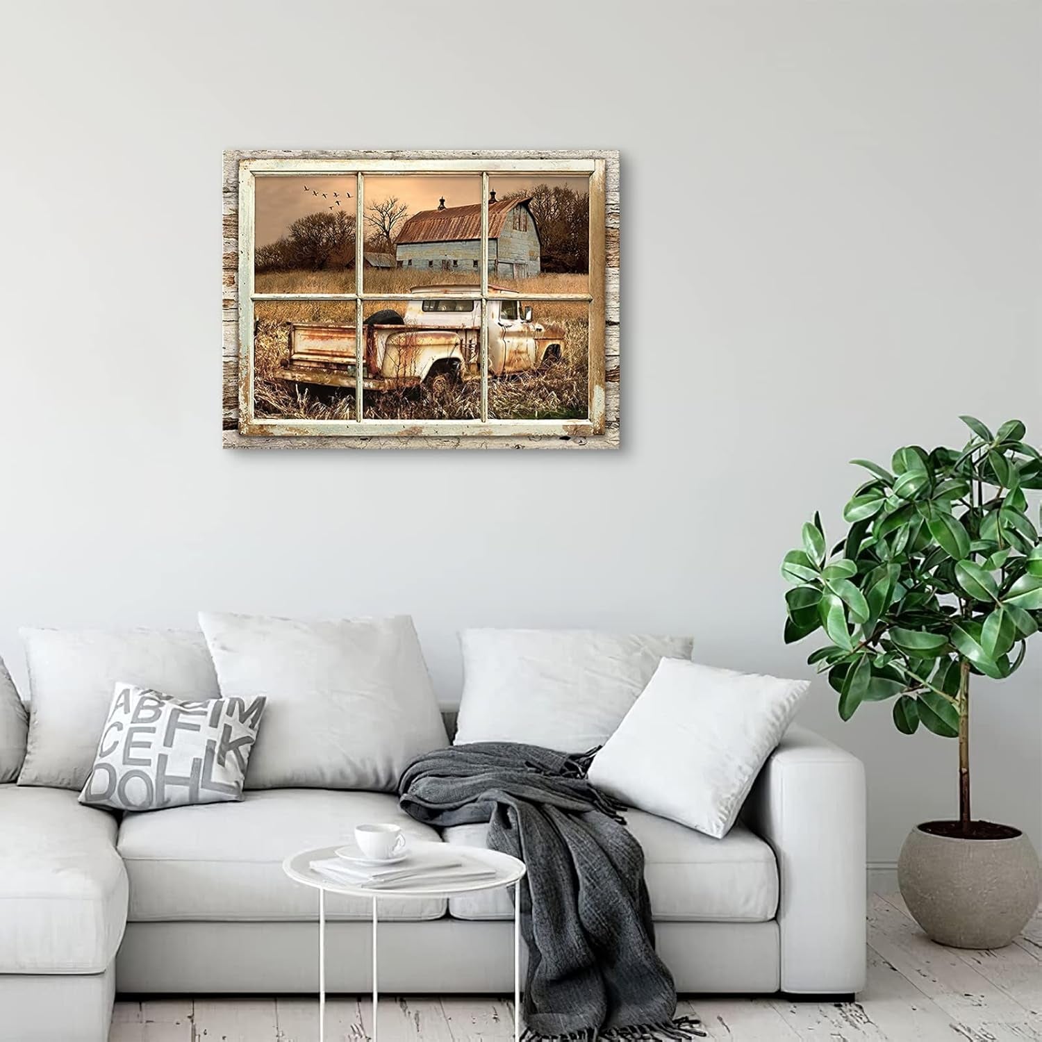 Rustic Old Barn Wall Art Beautiful Barn and Rustic Truck at Sunset through Wooden Window Frame Wall Art for Farmhouse Decor Modern House Wall Art Rustic Retro Canvas Wall Art 20X24 Inch