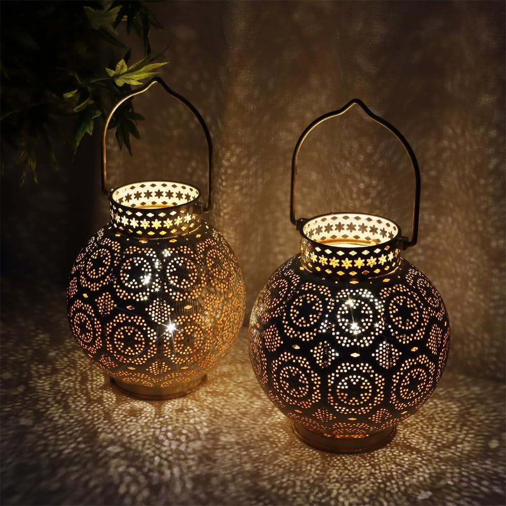 Set of 2 Moroccan Decorative Lamps 7'' High Battery Powered Cordless Lamp Metal Table Lamps with Fairy Lights Bulb for Home Living Room Garden Yard Party Events Tabletop Indoor Outdoor(Brown)